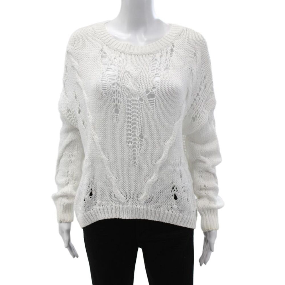 360 Sweater Women Pullover White Cotton Long Sleeve Distressed Size S